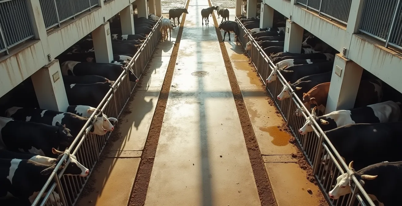 Vue aérienne d'une aire d'attente avec circulation fluide des vaches vers un roto de traite