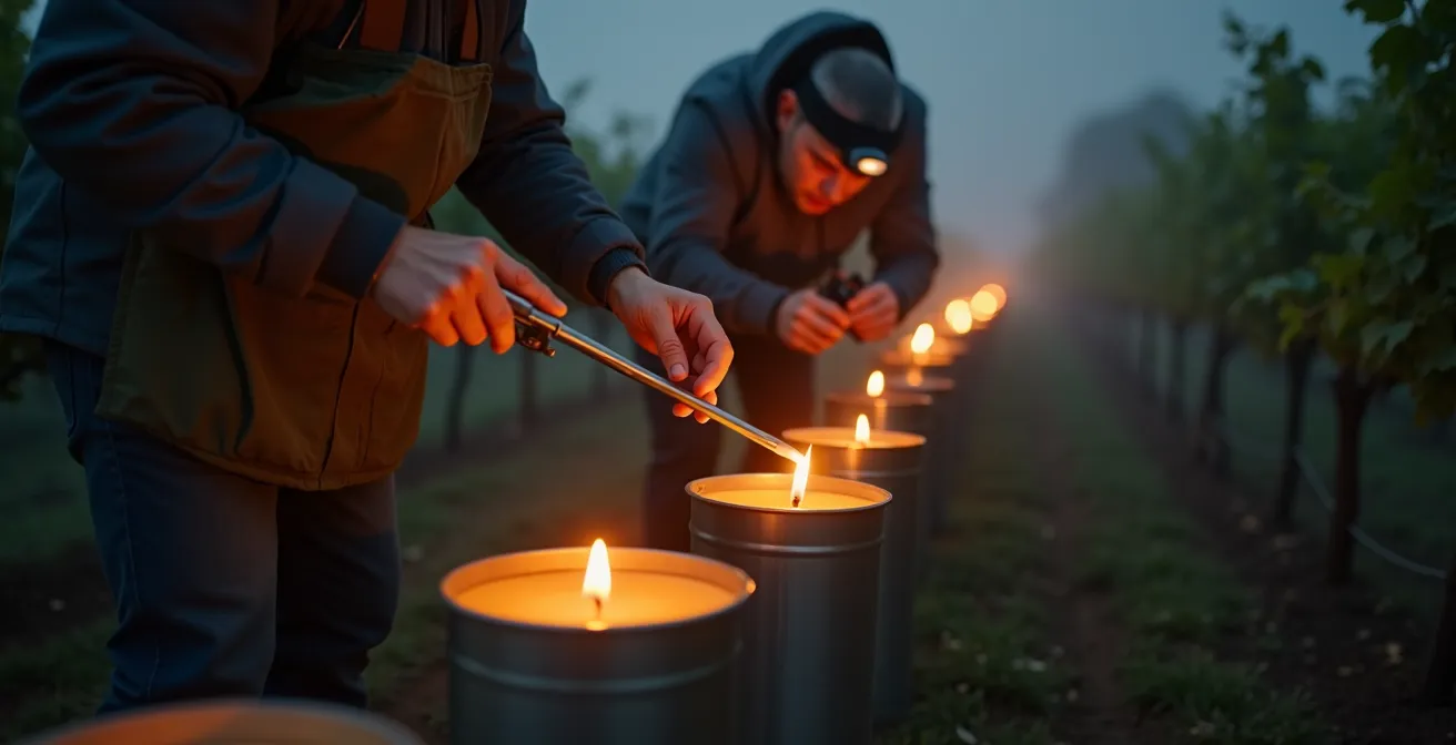 Viticulteur allumant des bougies antigel dans les vignes au petit matin
