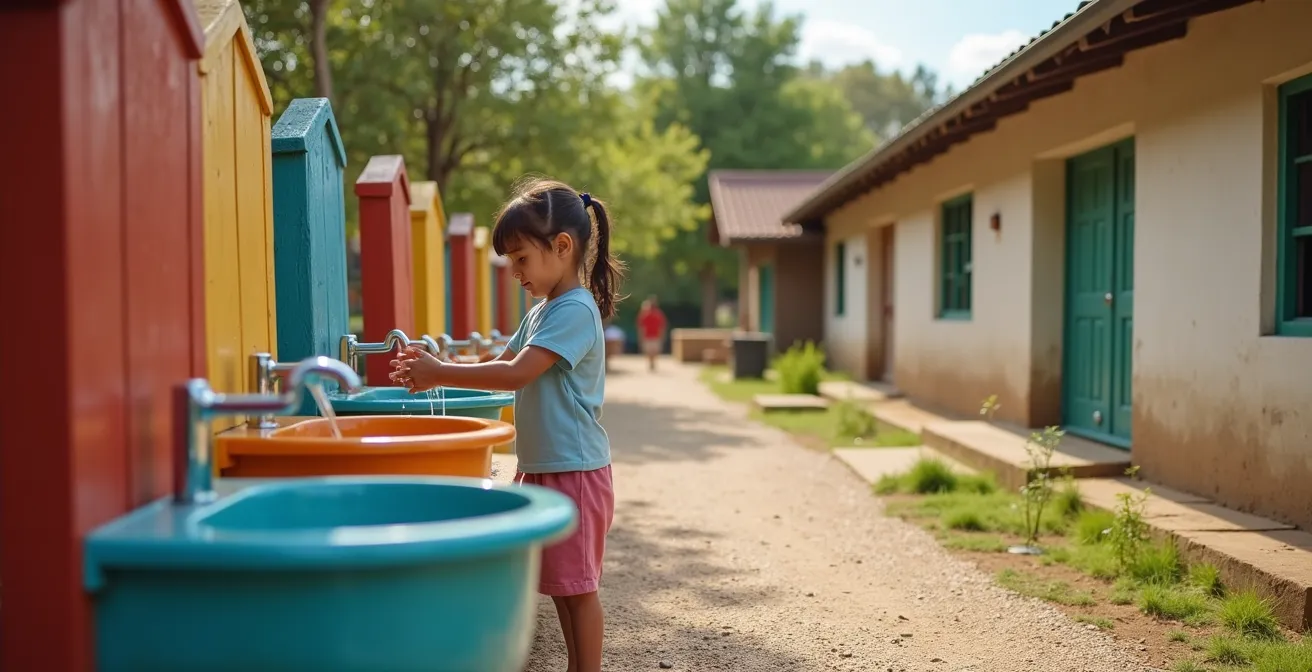 Station de lavage des mains extérieure colorée dans une ferme avec enfants