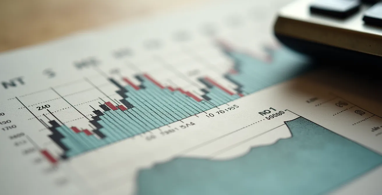 Vue macro de graphiques financiers abstraits avec calculatrice vintage