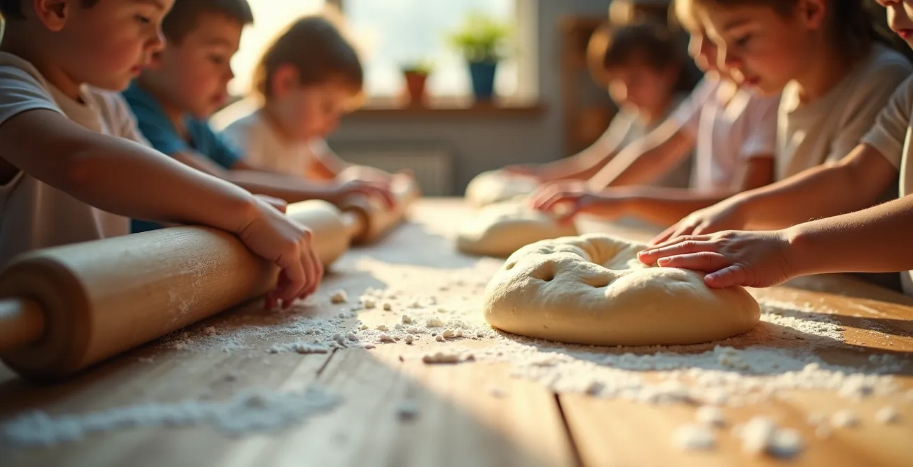 Mains d'enfants pétrissant de la pâte à pain sur une table en bois rustique