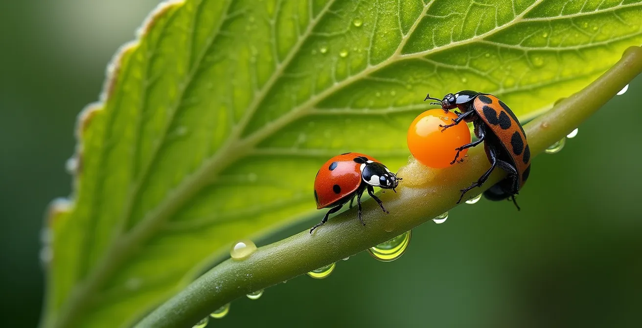 Vue macro d'une coccinelle et d'un carabe sur des plants de pommes de terre