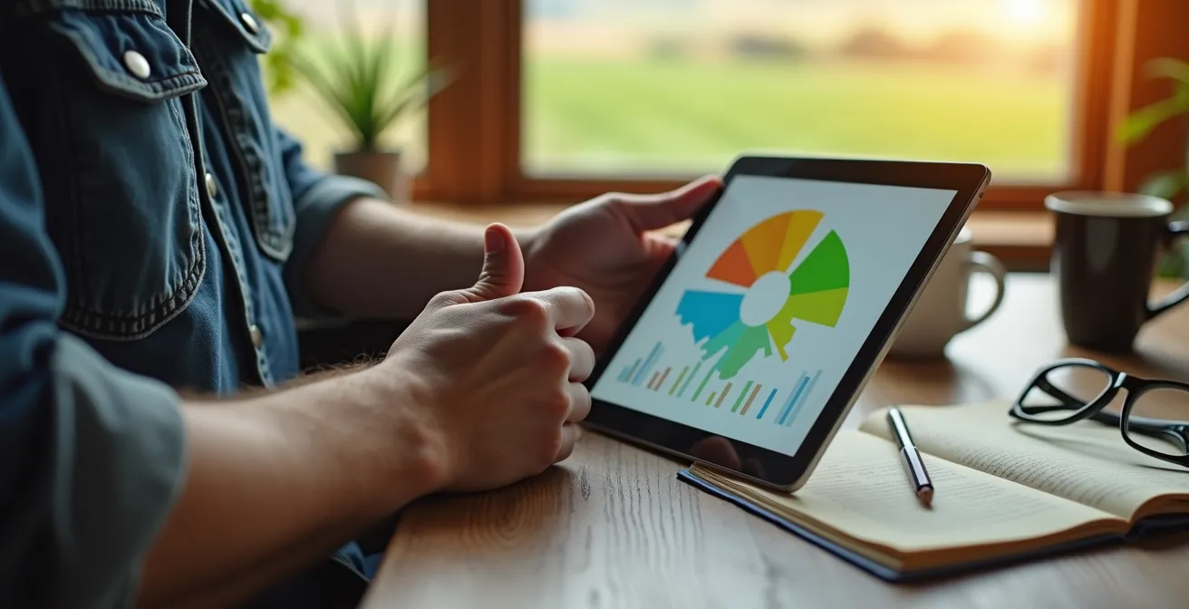 Bureau moderne avec tablette affichant des graphiques de gestion agricole sans texte lisible