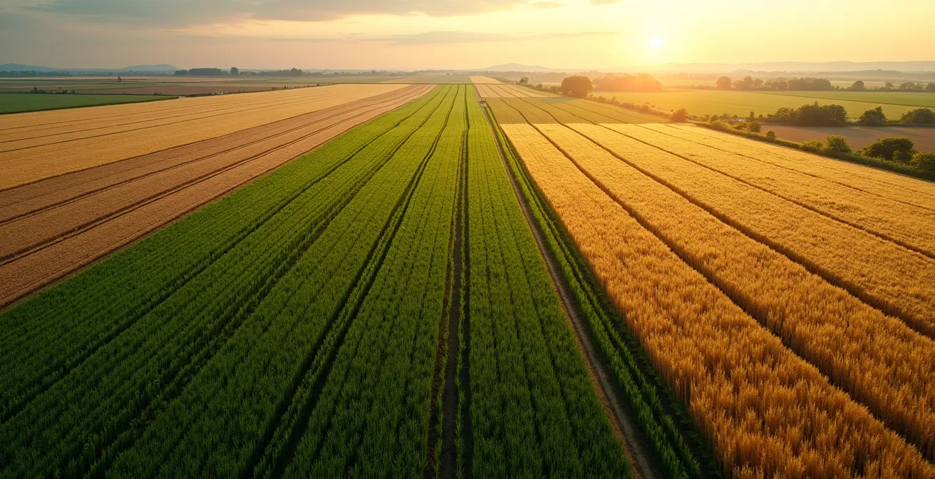 Vue aérienne d'un champ divisé en parcelles représentant les étapes du parcours d'installation