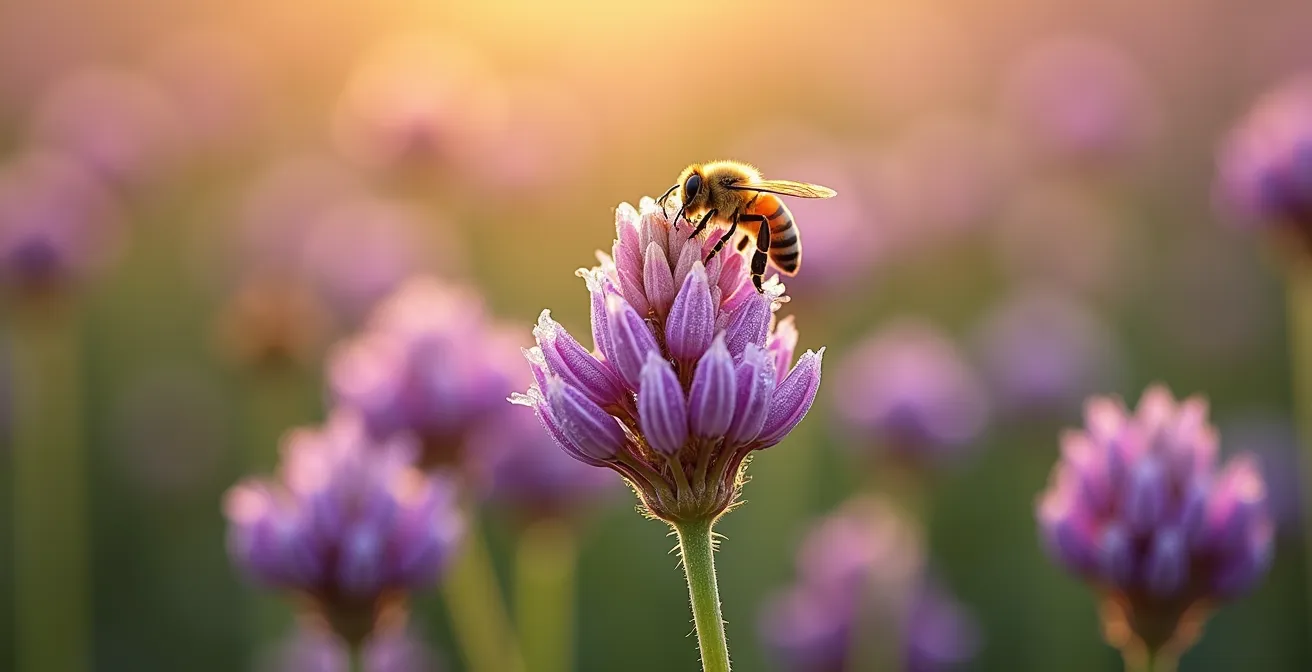 Champ de légumineuses en fleurs avec abeilles butinant dans une rotation culturale