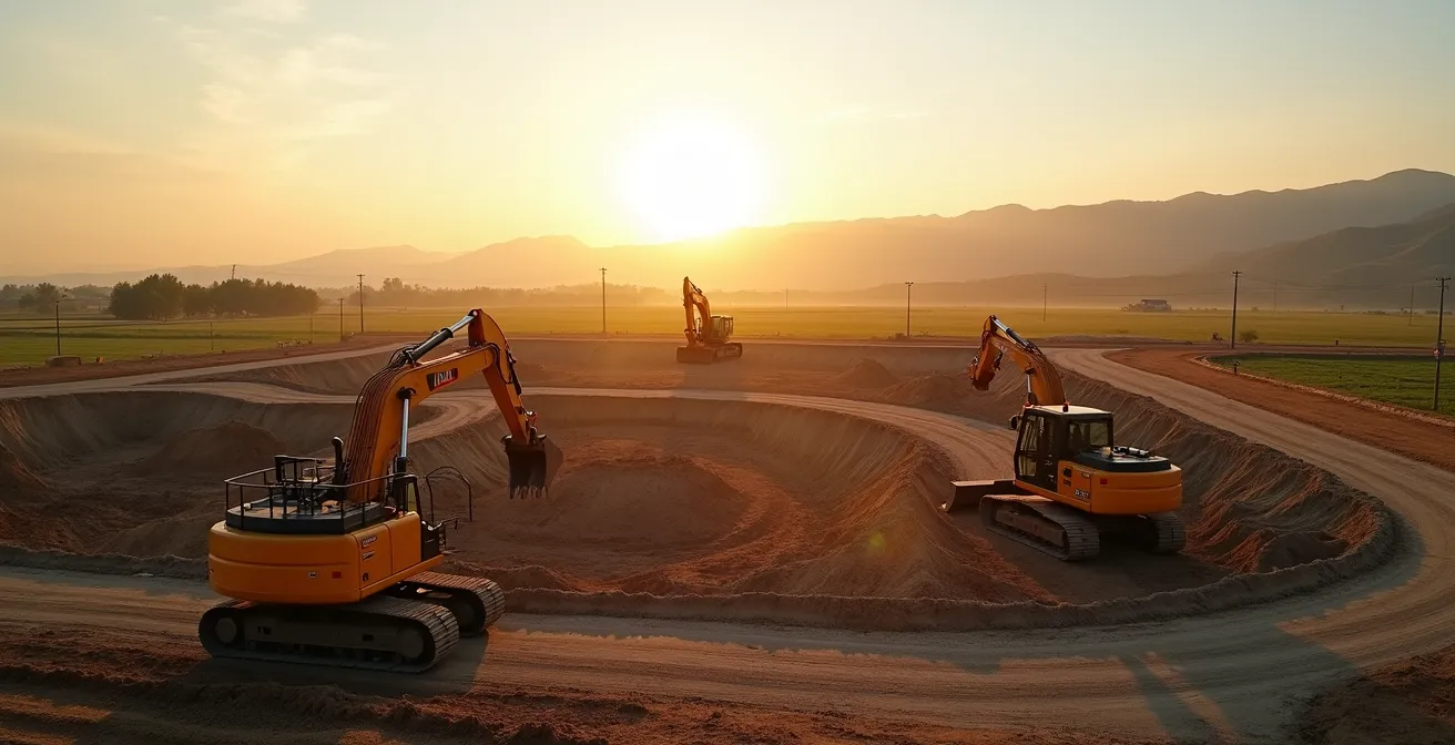 Chantier de terrassement d'un bâtiment agricole en début d'été