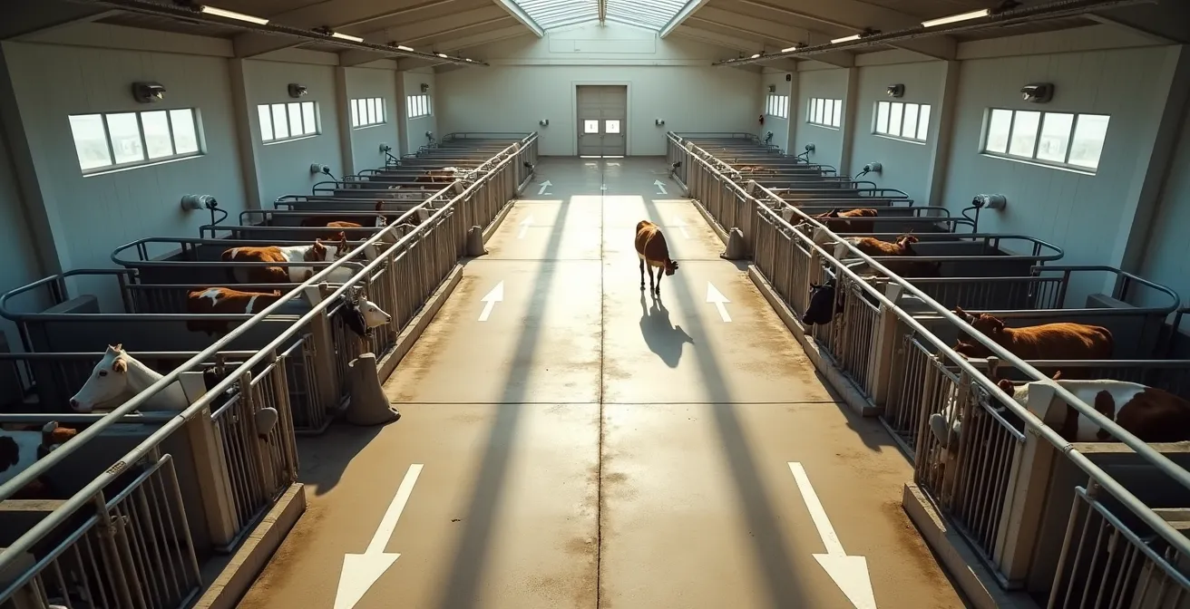 Vue aérienne d'un système de circulation guidée pour vaches dans une exploitation robotisée