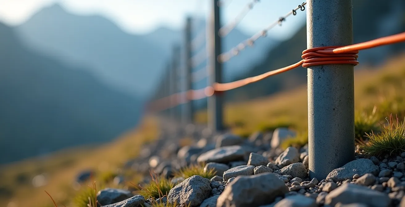 Installation technique d'une clôture électrique sur terrain rocheux avec détail des piquets de terre