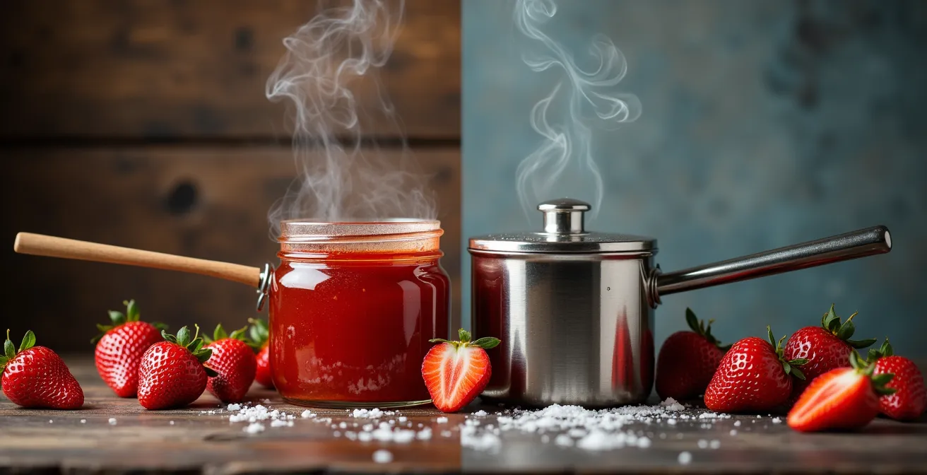 Comparaison visuelle entre bassine en cuivre traditionnelle et équipement de cuisson sous vide moderne