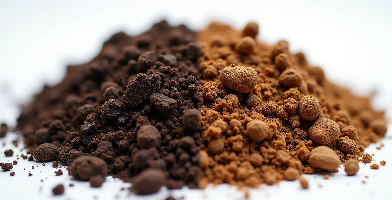 Deux échantillons de sol côte à côte montrant l'effet du compost et du digestat sur la structure