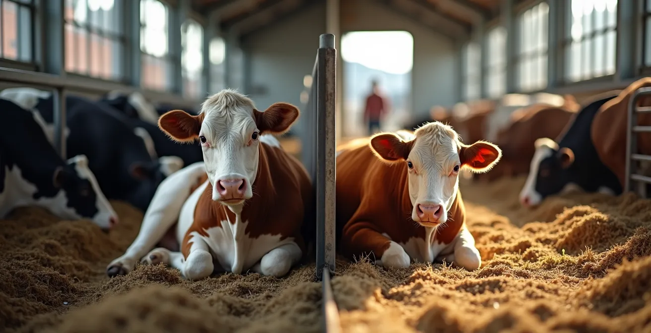 Vue comparative de deux systèmes de logement pour vaches : logettes et aire paillée