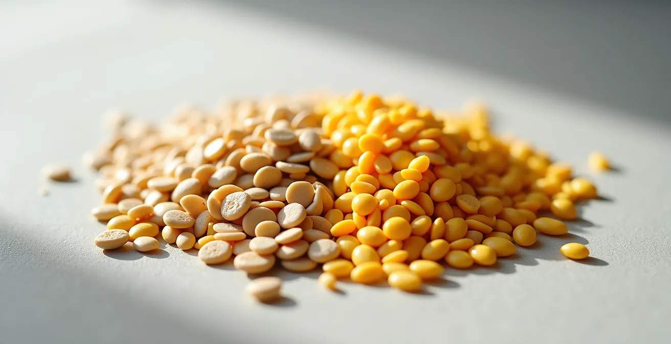 Gros plan sur deux tas de graines de maïs, l'un traité coloré et l'autre naturel