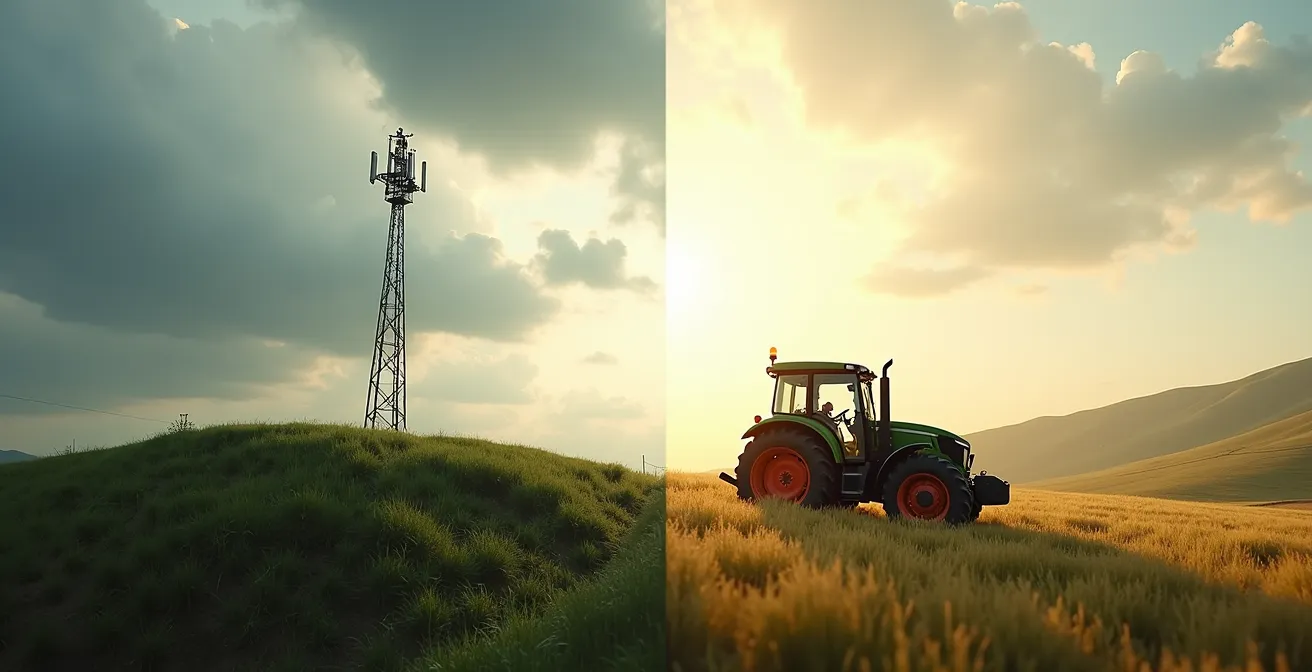 Comparaison visuelle entre une base RTK radio et un récepteur GSM sur tracteur