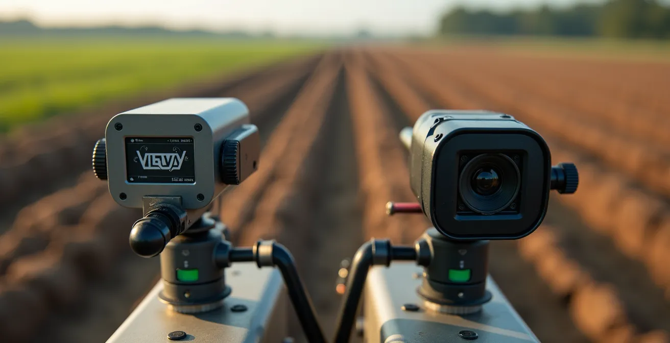 Gros plan sur deux systèmes de guidage de bineuse côte à côte : antenne RTK à gauche et caméra de détection à droite