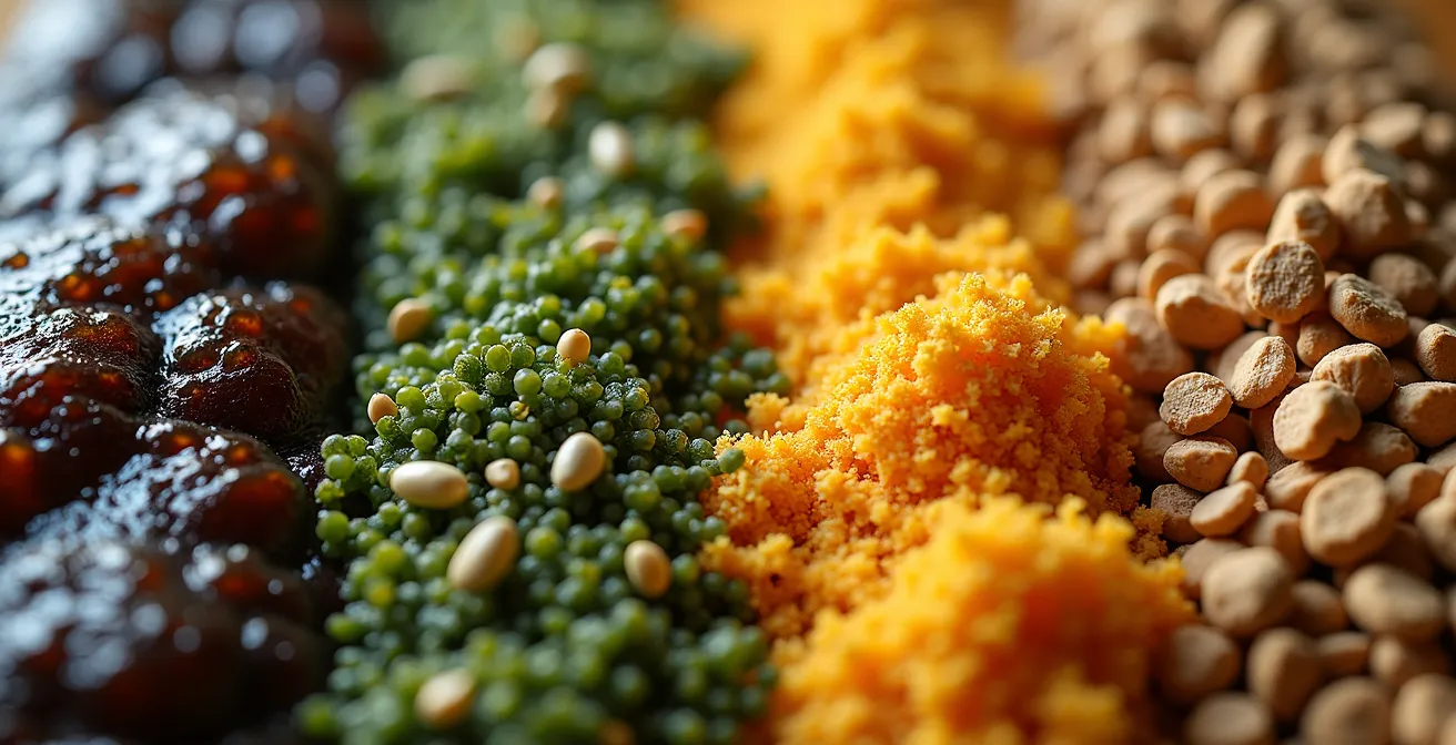 Composition macro montrant différents types d'intrants pour méthanisation avec leurs textures caractéristiques