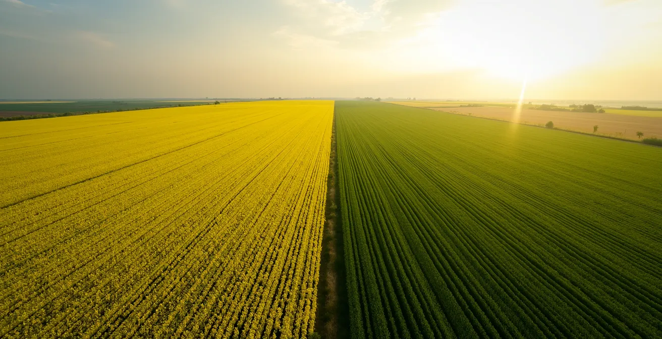 Champ de colza vu simultanément par satellite et drone montrant les différences de résolution
