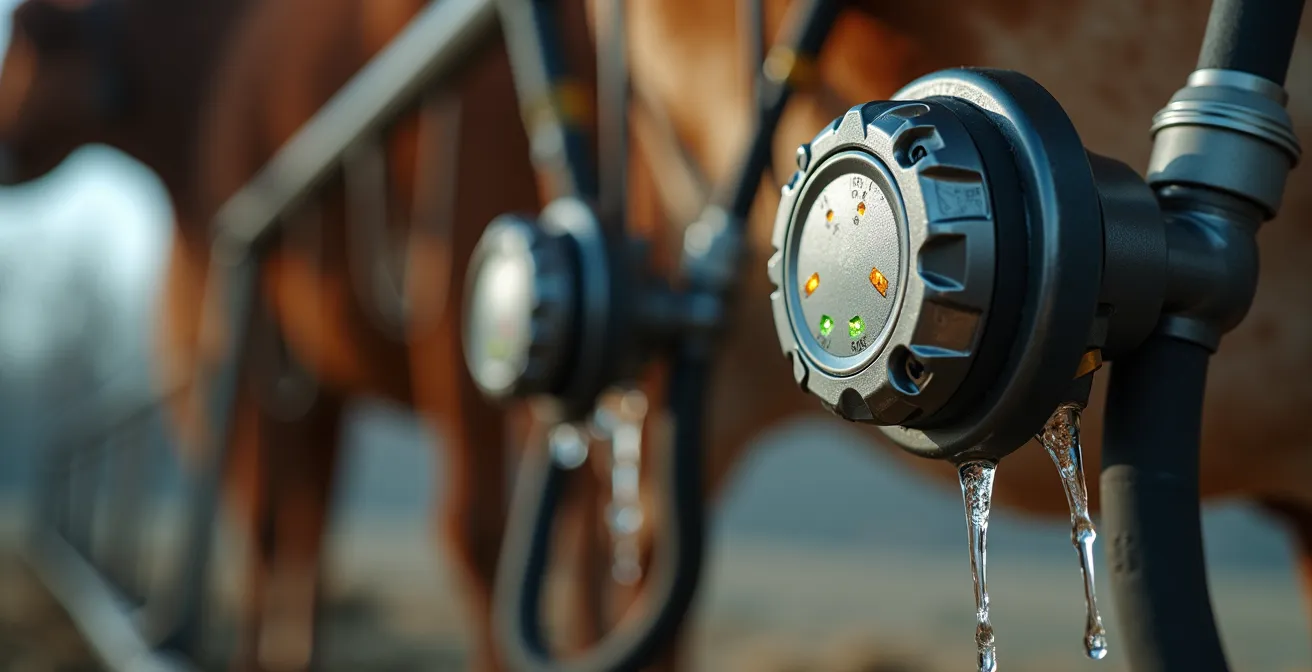 Gros plan sur système de surveillance automatisé détectant la santé mammaire des vaches laitières