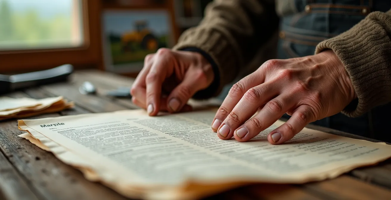 Mains organisant des documents agricoles sur une table en bois avec photos de terrain