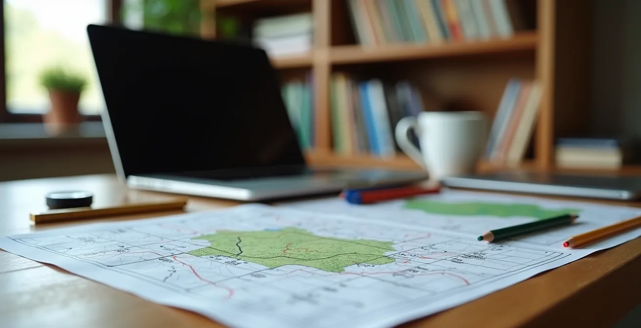 Vue d'un bureau avec ordinateur montrant une cartographie de parcelles agricoles