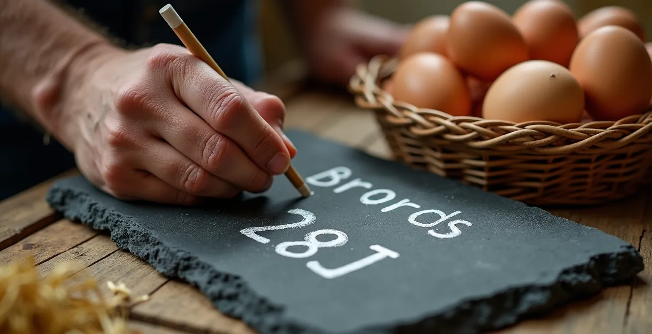 Panneau d'affichage réglementaire pour la vente d'œufs fermiers avec dates et codes visibles