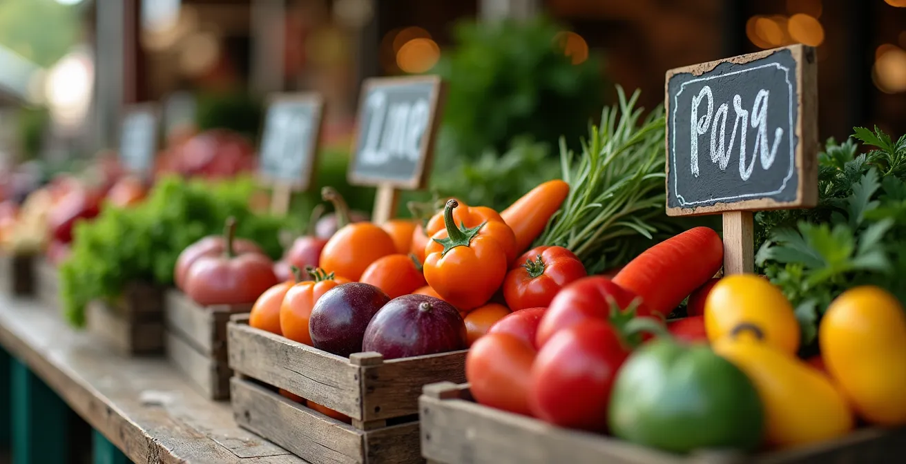Stand de marché avec ardoises et étiquettes affichant les prix des fruits et légumes