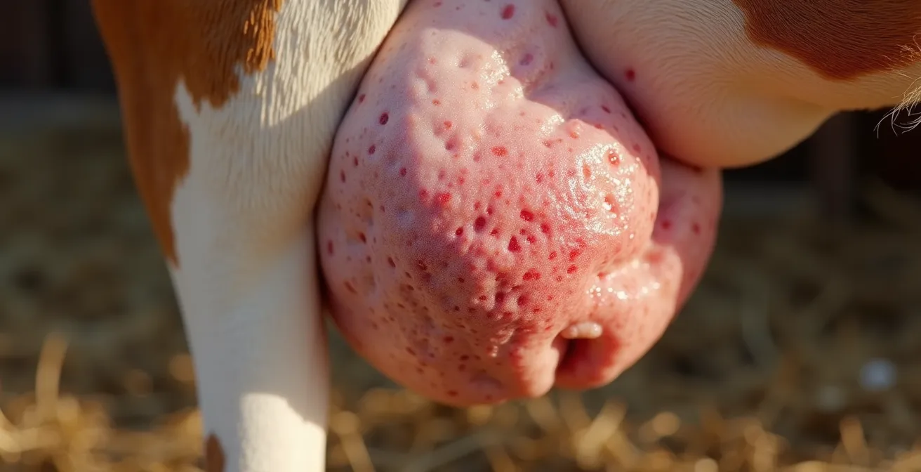 Examen clinique d'un quartier mammaire montrant les signes d'inflammation sur une vache laitière