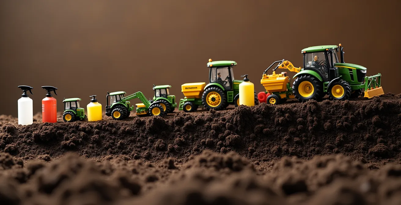 Infographie visuelle montrant l'évolution sur trois années avec des icônes de pulvérisateur diminuant et de bineuse augmentant progressivement