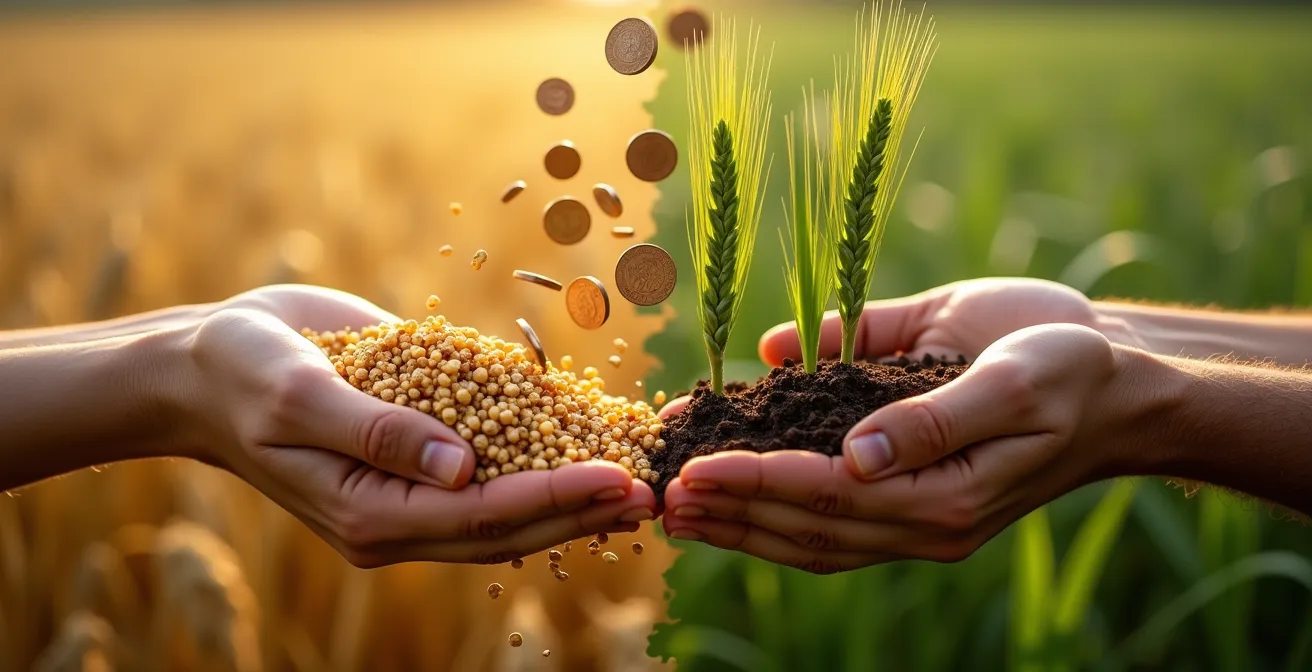 Graphique visuel comparant les rendements et marges entre agriculture conventionnelle et période de conversion bio