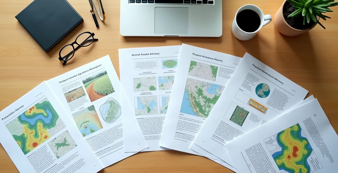 Bureau de conseiller agricole avec dossiers et ordinateur montrant une carte des exploitations