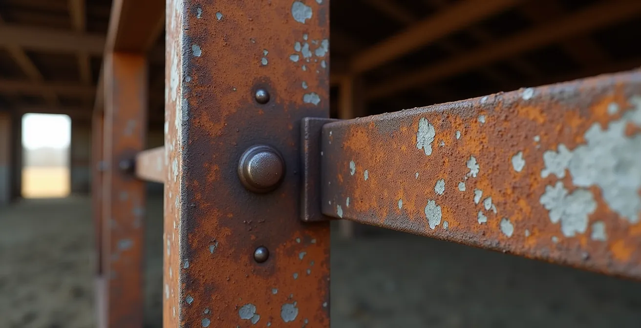 Vue macro détaillée d'une poutre métallique de hangar avec traces d'usure