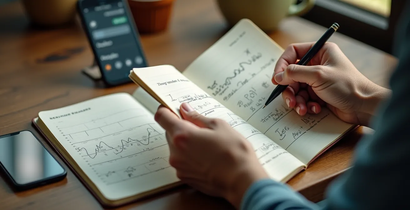 Main d'agriculteur tenant un carnet de notes ouvert avec des graphiques météo dessinés à la main, posé sur une table en bois avec smartphone montrant une application météo vue de côté