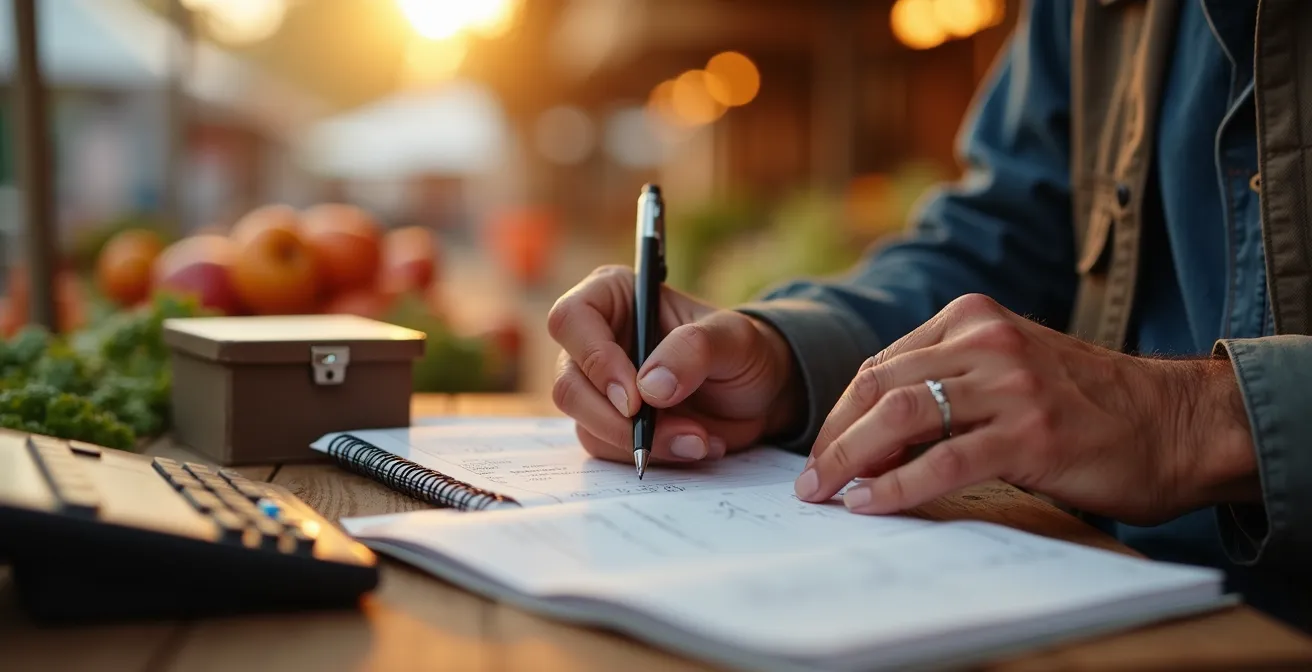 Table de marché avec cahier de caisse et calculatrice, agriculteur notant une vente