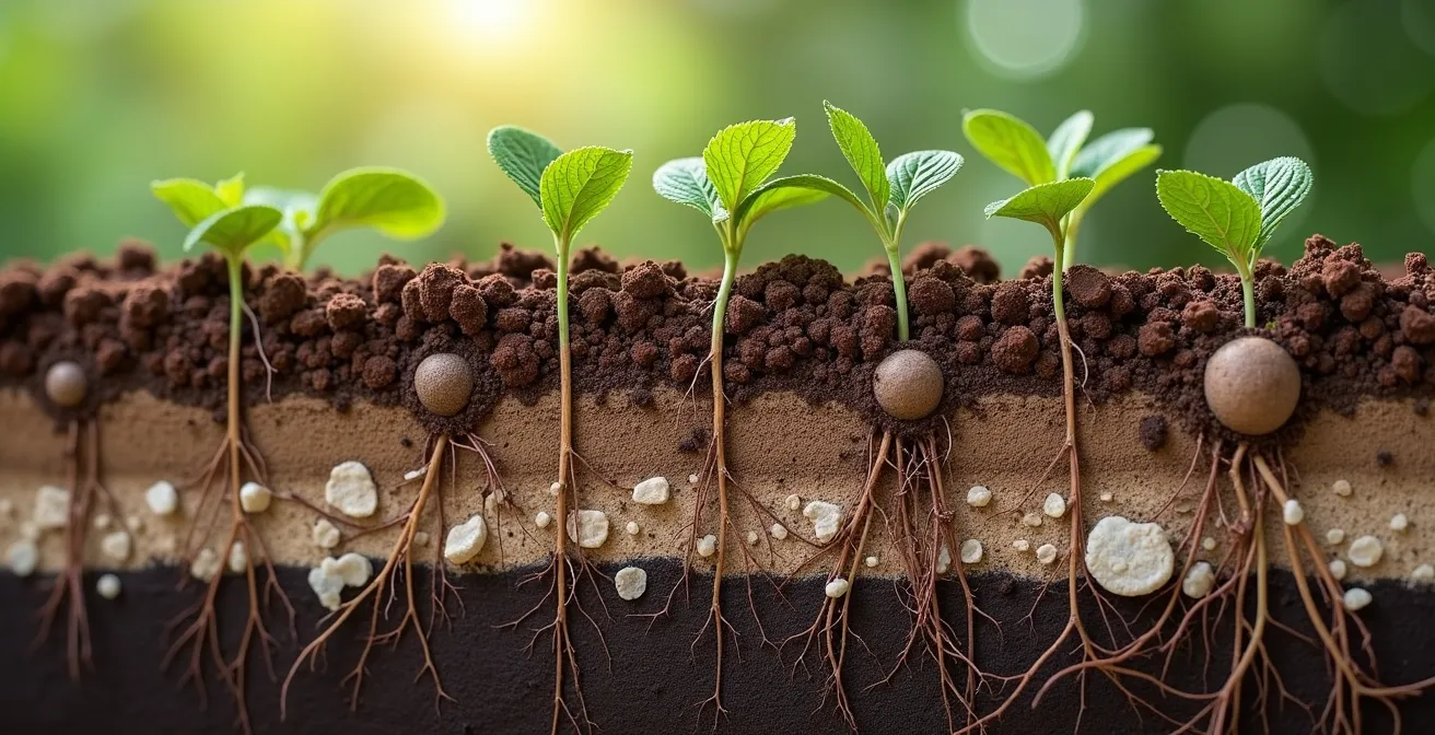 Coupe verticale du sol montrant le système racinaire profond de la luzerne avec nodosités