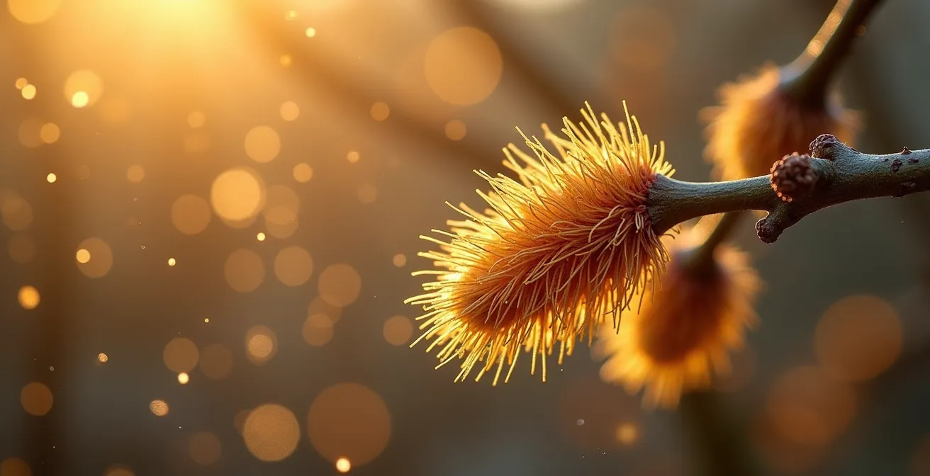 Gros plan sur les chatons d'un noisetier libérant du pollen en fin d'hiver