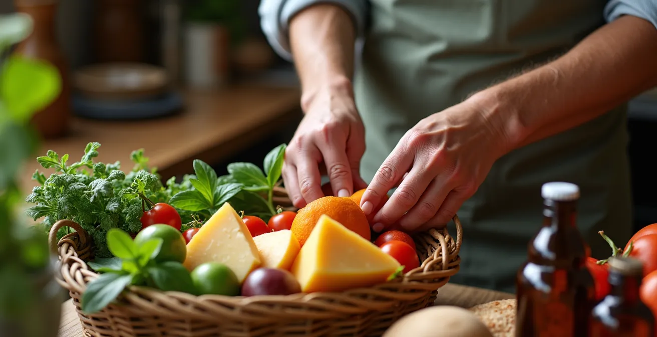 Panier artisanal rempli de produits fermiers variés sans étiquettes visibles