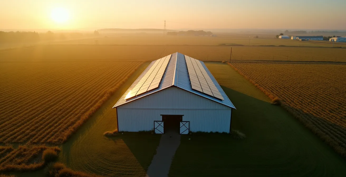 Vue aérienne minimaliste d'un hangar agricole avec panneaux solaires dans un paysage rural