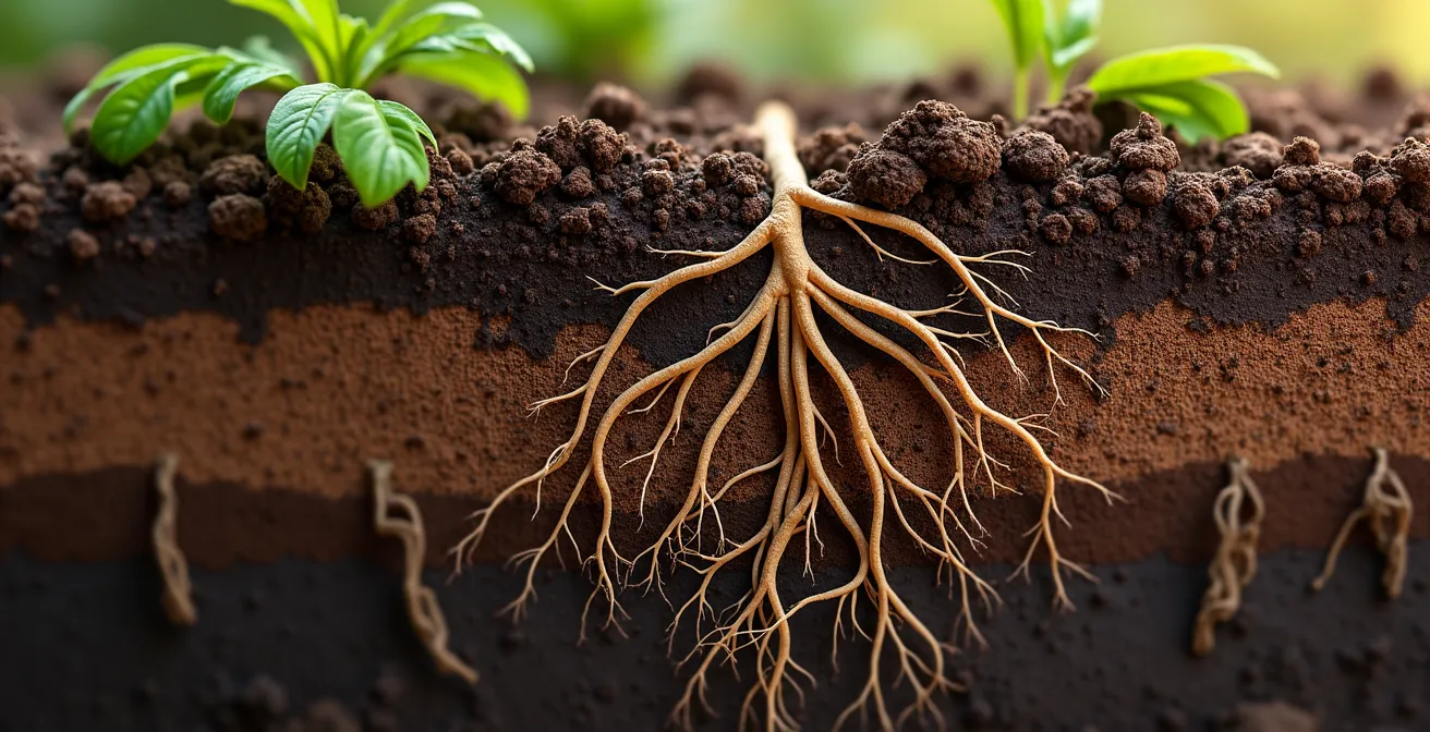 Coupe transversale du sol montrant les racines profondes et la matière organique