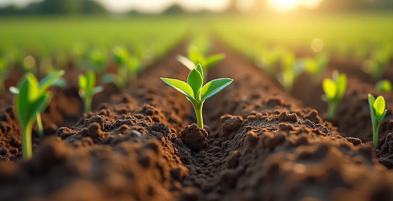 Vue macro du travail du sol montrant l'alignement précis sur la ligne de semis