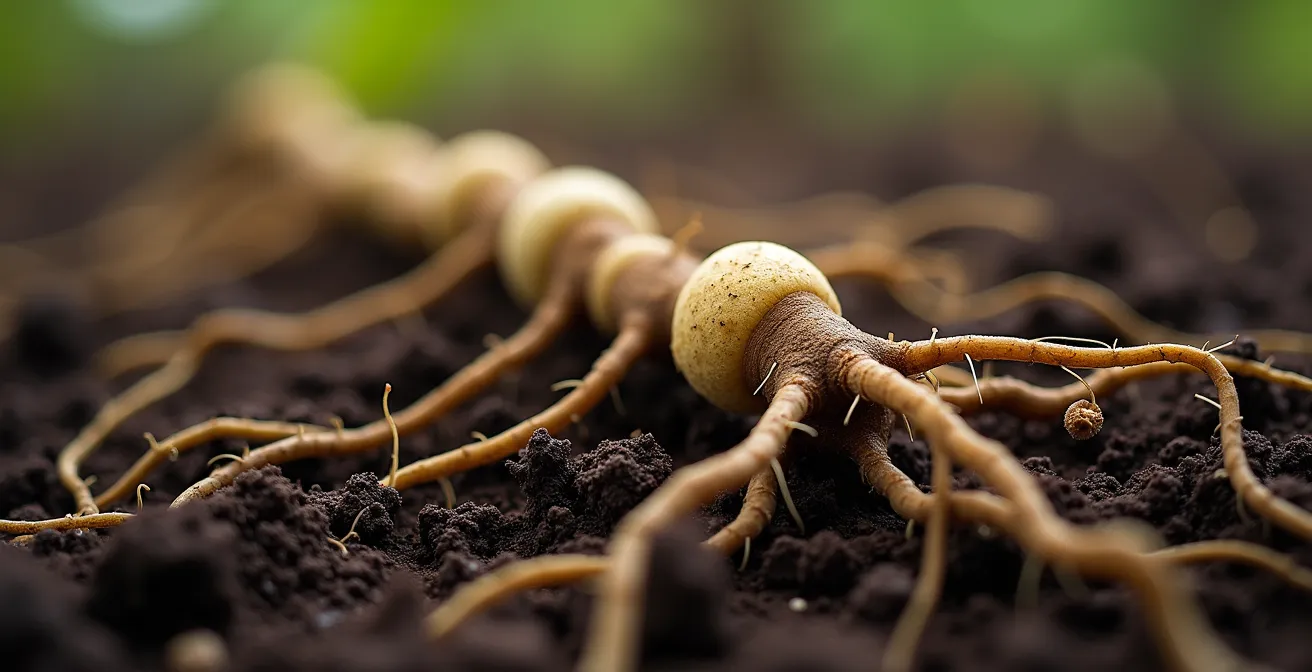 Vue macro détaillée de racines de légumineuses fixant l'azote dans le sol, illustration du principe agronomique en bio