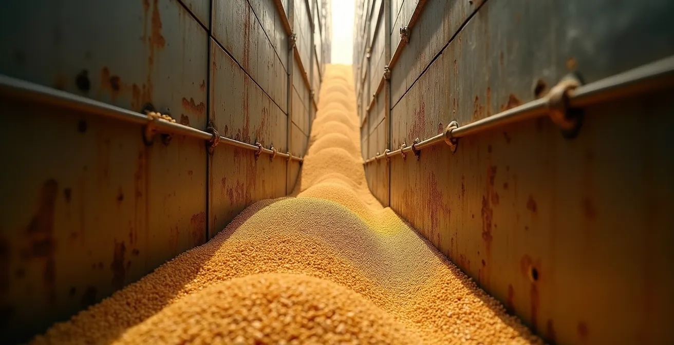 Intérieur d'un silo à grains avec système de ventilation et contrôle de température