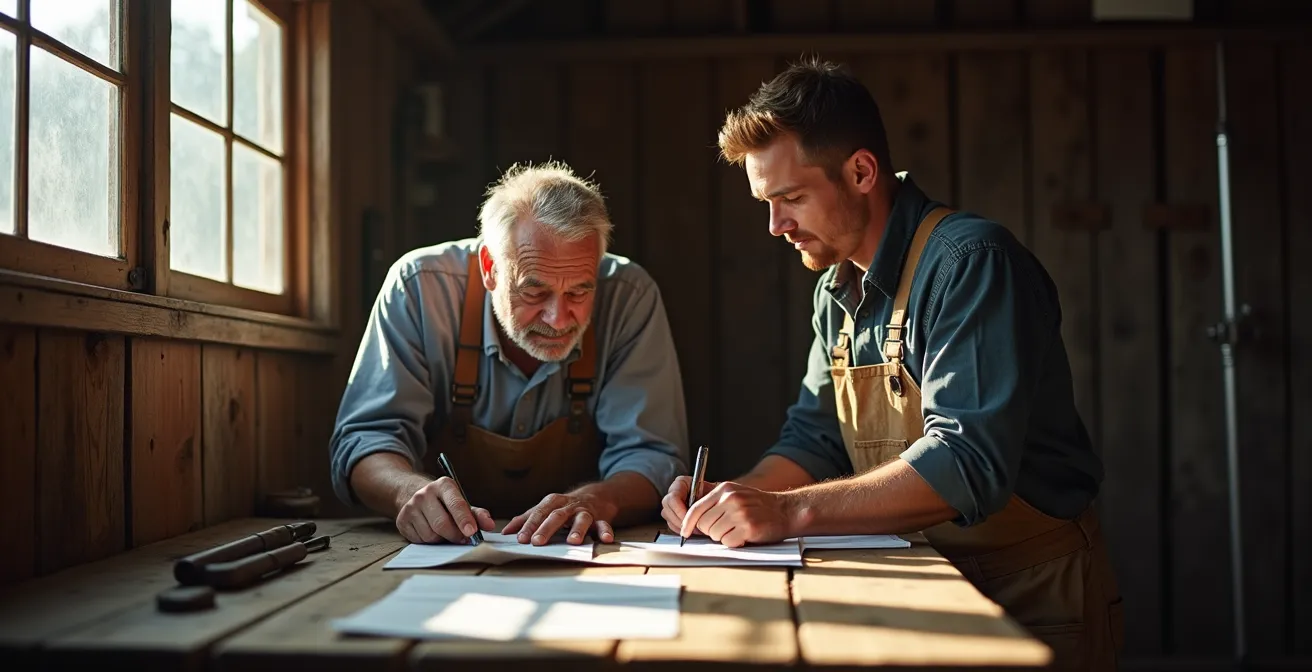 Deux agriculteurs, l'un âgé et l'autre jeune, examinant ensemble des documents dans une exploitation