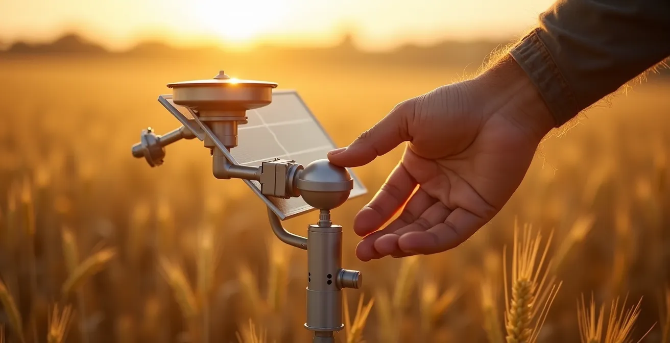 Station météo connectée installée dans un champ avec panneaux solaires