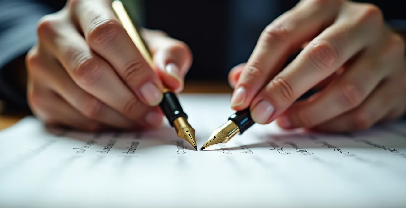 Mains signant des documents statutaires avec effet de flou artistique