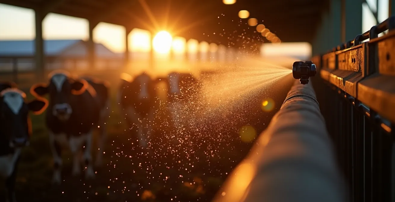 Système de brumisation haute pression en fonctionnement dans un bâtiment d'élevage