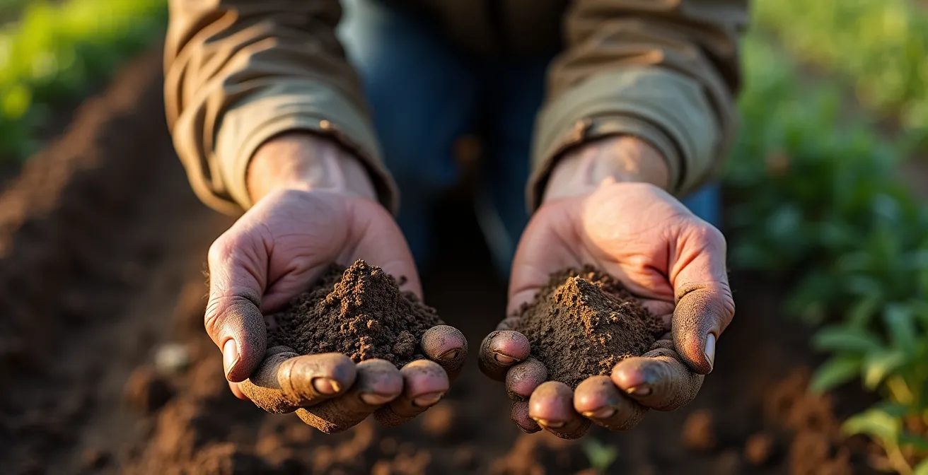 Comparaison visuelle entre labour traditionnel et techniques culturales simplifiées dans un même champ