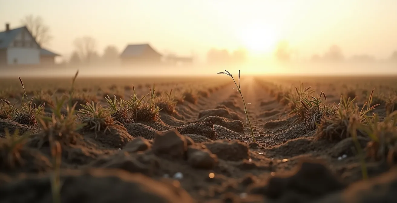 Vue large d'un champ argileux avec couverts végétaux denses montrant la structure du sol préservée