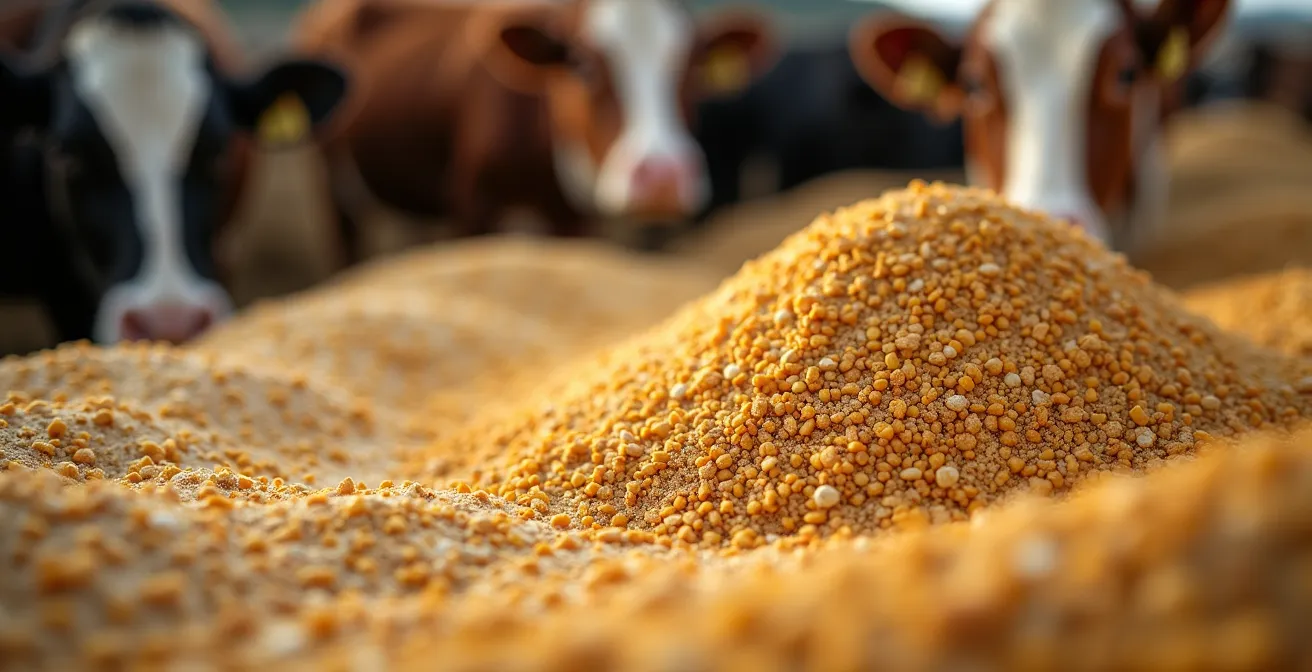 Gros plan sur l'auge montrant la séparation des particules fines et grossières de la ration