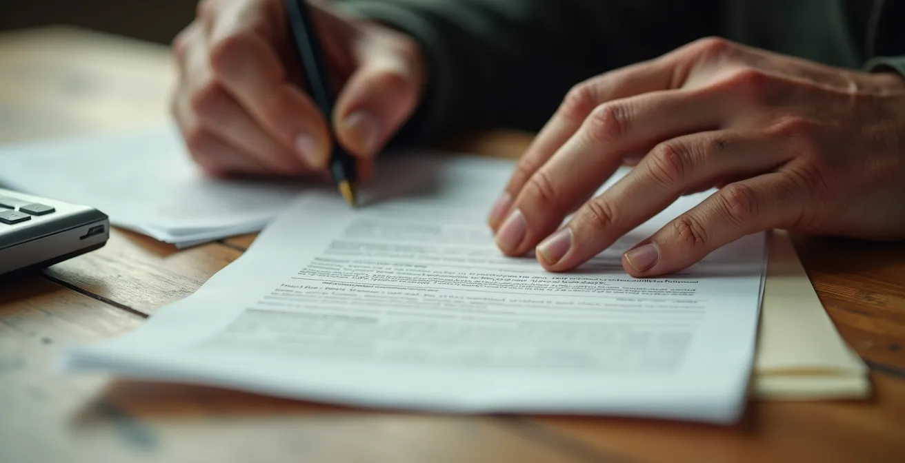Gros plan sur des mains vérifiant des documents administratifs sur une table de bureau