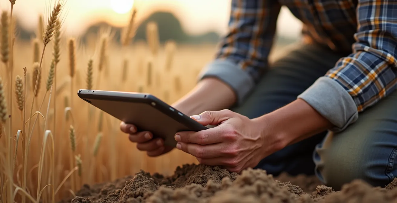 Agriculteur analysant le sol dans un champ avec tablette montrant la carte de biomasse