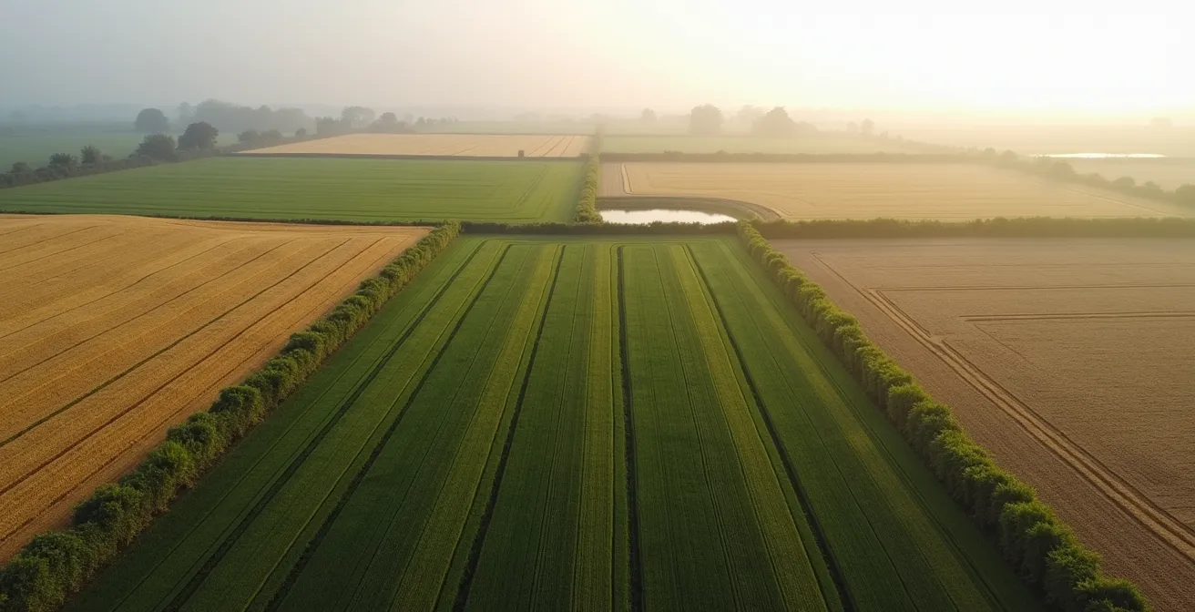 Vue aérienne d'une parcelle agricole avec haies et chemins visibles depuis un satellite